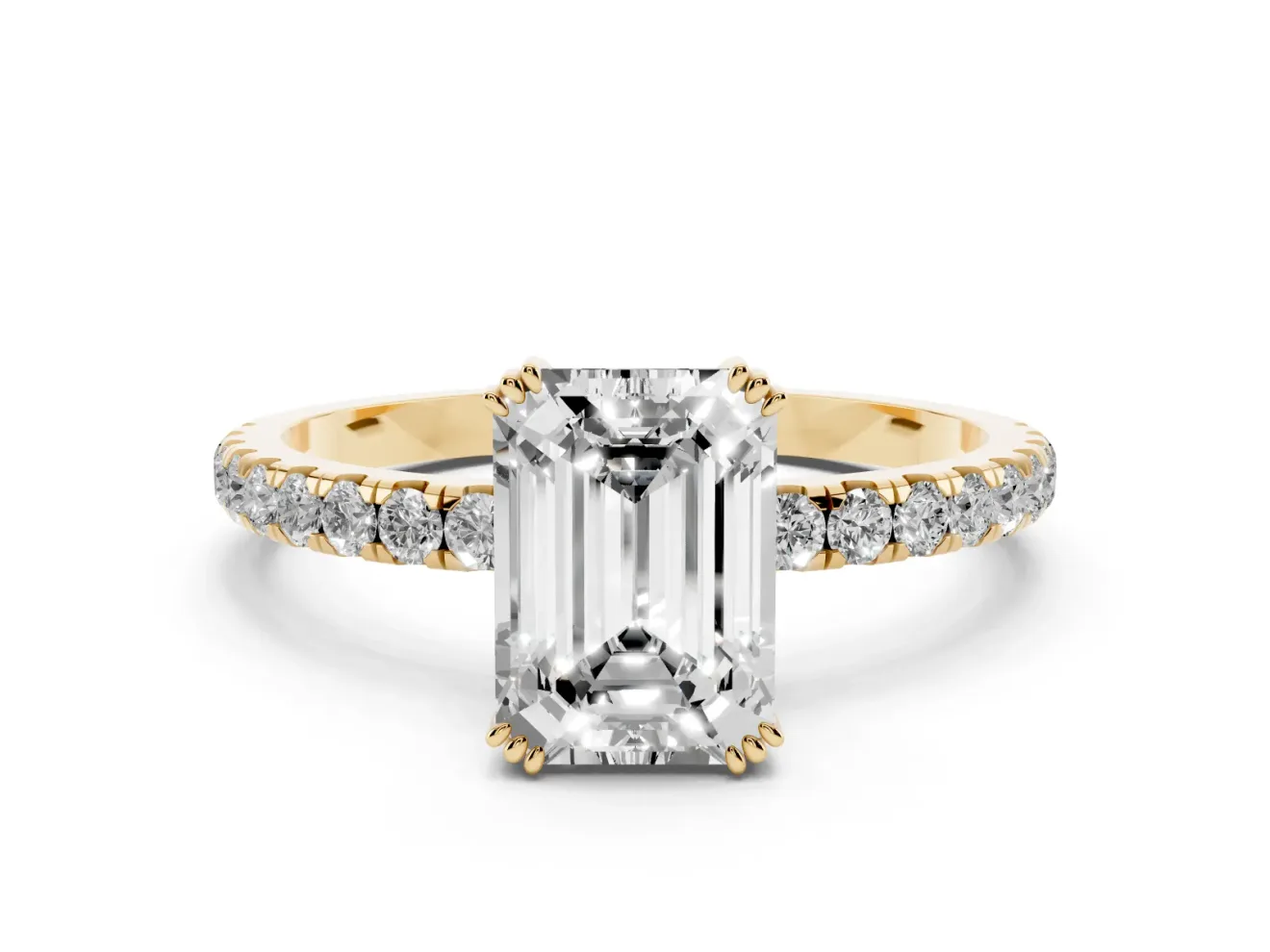 Emerald Cut Diamond Brilliant Solitaire Set in Yellow gold with Pavé Band and Claw Prong Setting