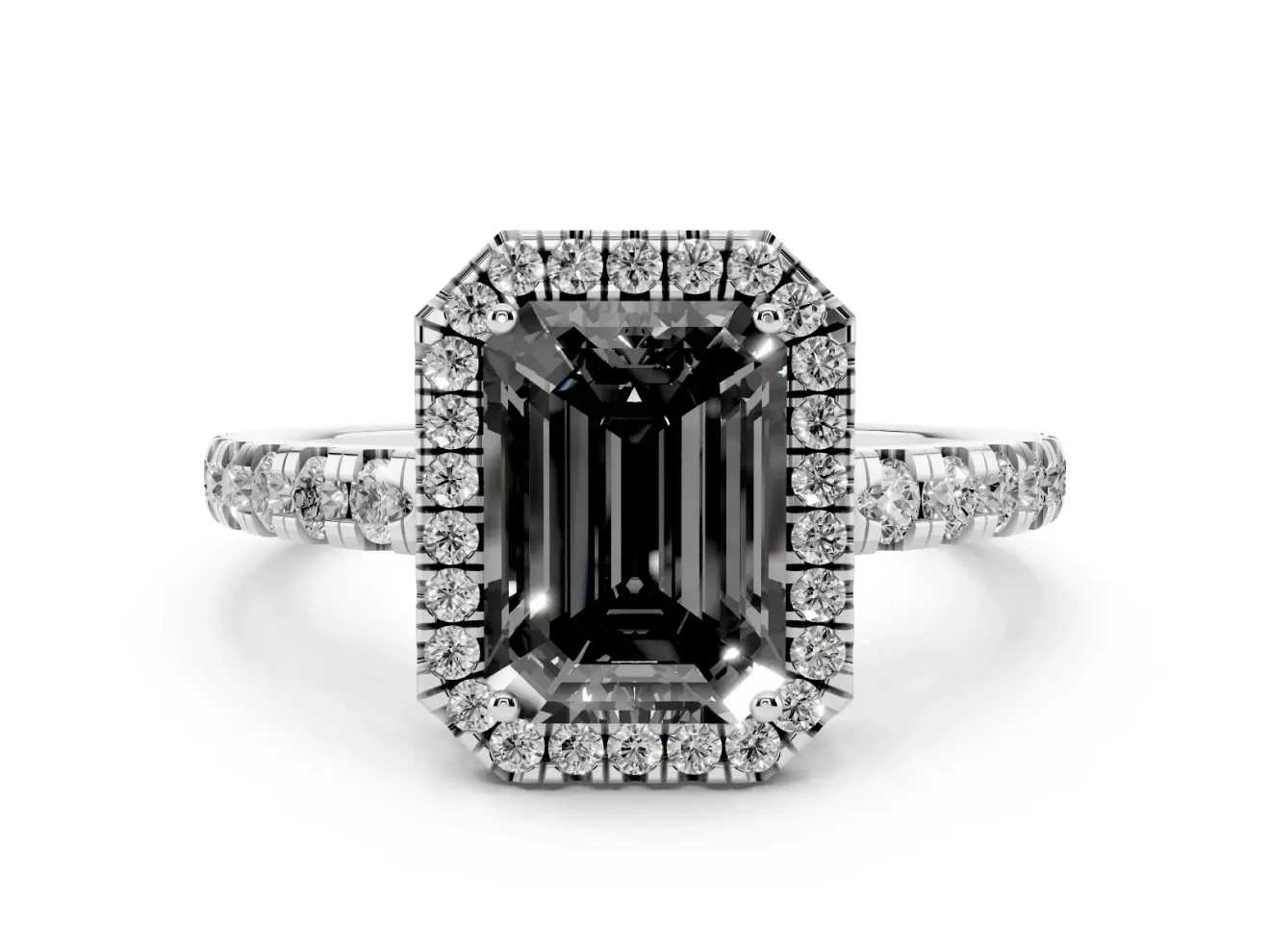 Fancy Black Emerald Cut Diamond Halo Ring Set in White gold with Delicate Pavé Band and Prong Setting