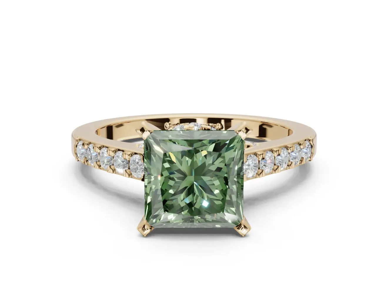 Princess Cut Pavé Engagement Ring Setting for a Fancy Green Lab-Grown Diamond | Crossover Gallery | Yellow Gold