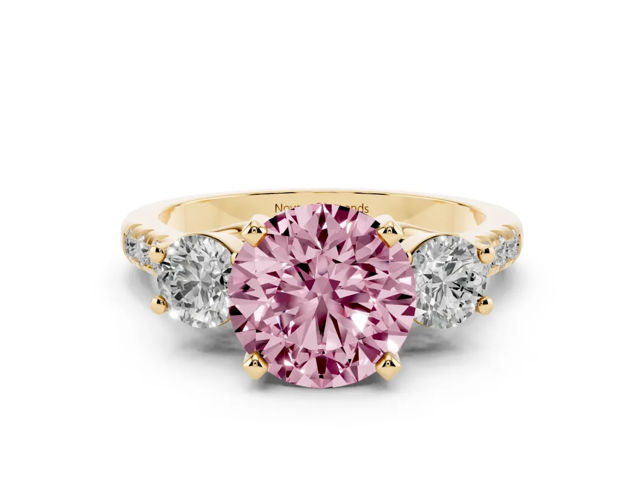 Round Three-Stone Engagement Ring Setting for a Fancy Pink Lab-Grown Diamond | Yellow Gold