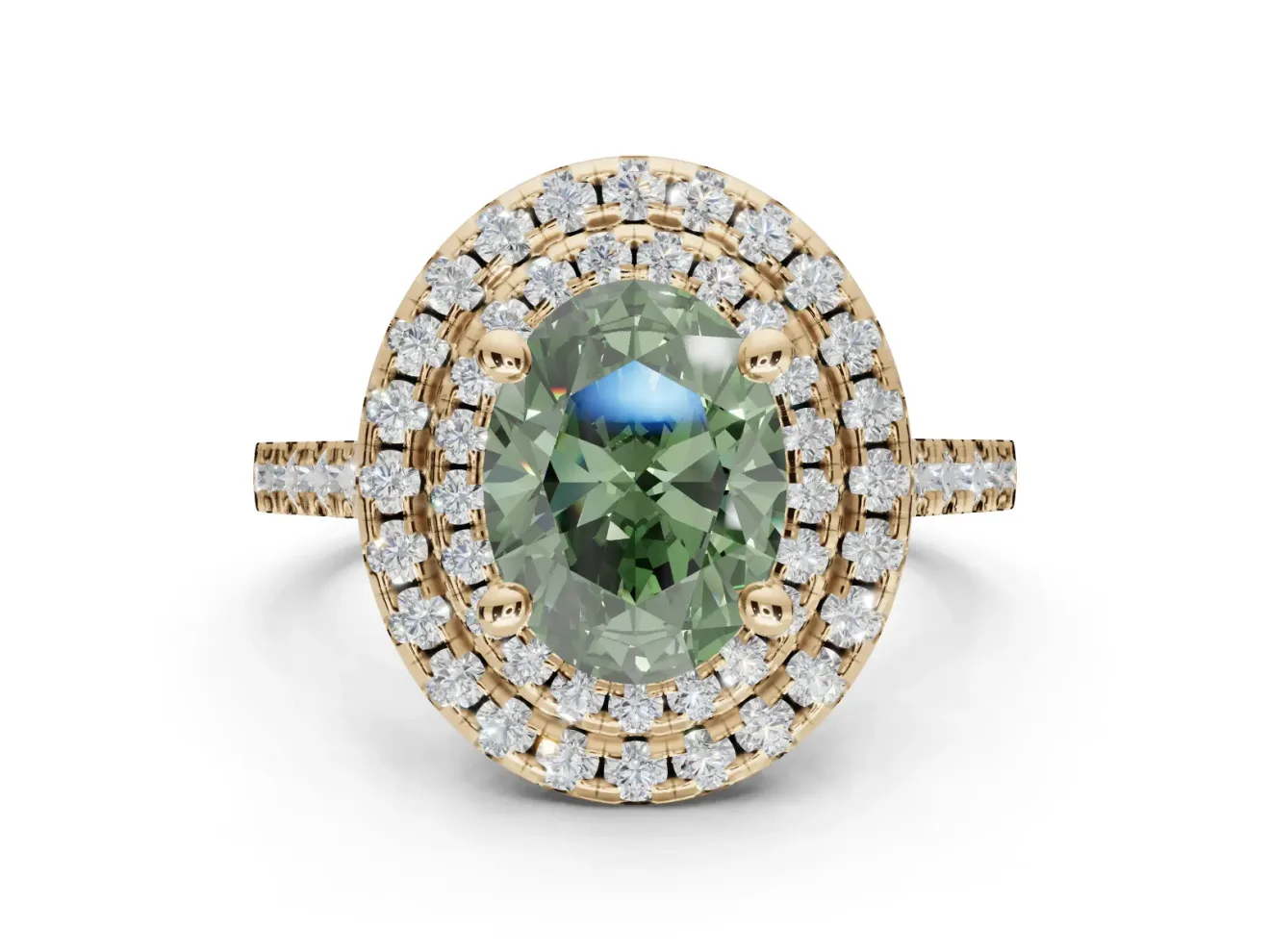 Oval Double Halo Engagement Ring Setting for a Fancy Green Lab-Grown Diamond | Pave Shoulders | Yellow Gold