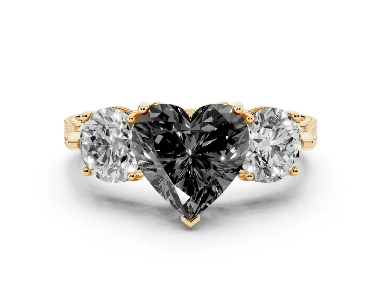 Fancy Black Heart Cut Diamond Three-Stone Ring Set in Yellow gold with Milgrain Band