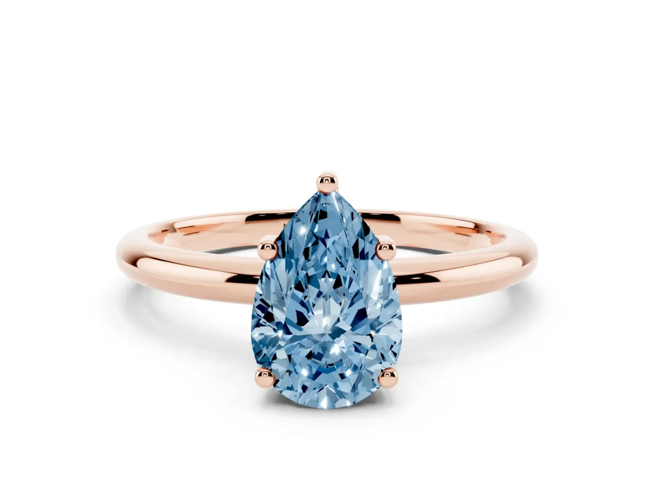 Fancy Blue Pear Cut Diamond Solitaire Engagement Ring Set in Rose gold with Prong Setting and Polished Band