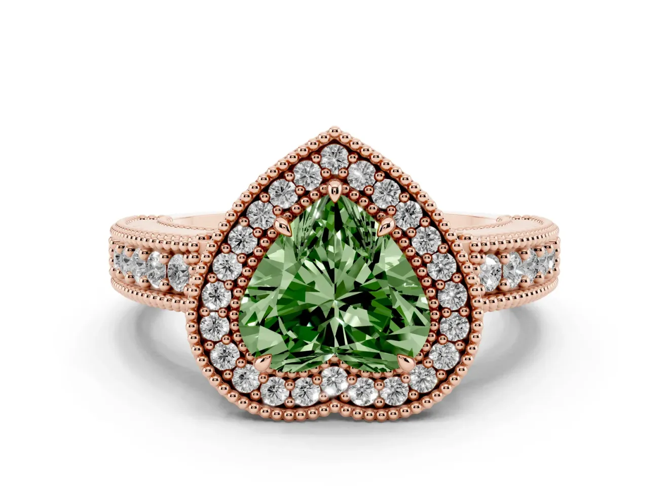 Heart-Shaped Milgrain Halo Engagement Ring Setting for a Fancy Green Lab-Grown Diamond | Carved Leaf Detail | Rose Gold
