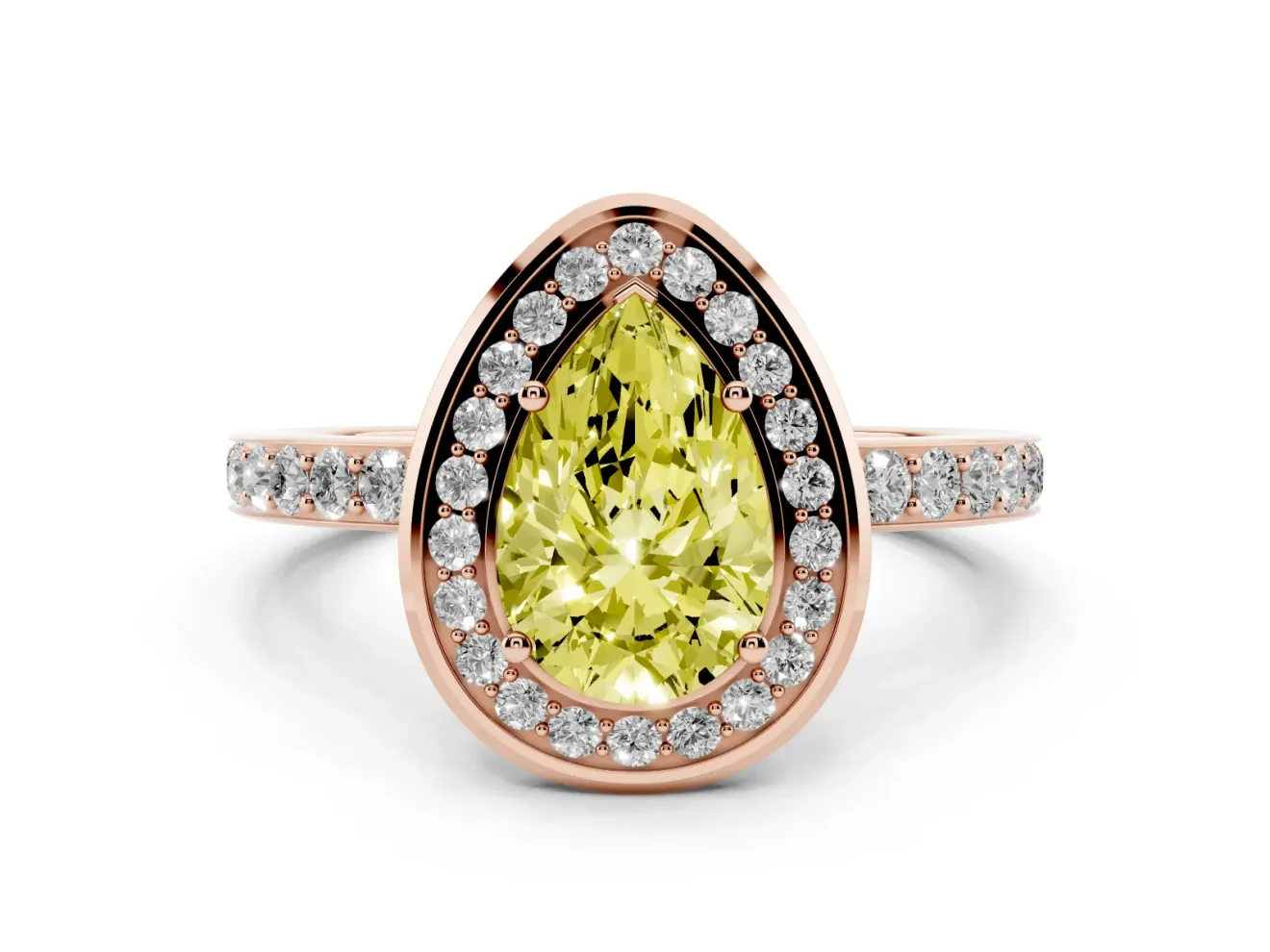 Fancy Yellow Pear Cut Diamond Halo Ring Set in Rose gold with Bezel Frame and Pavé Band