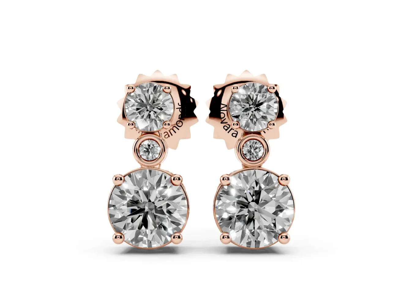 Round Lab-Grown Diamond Two Stone Drop Earrings | Bezel Accent Link | Rose Gold