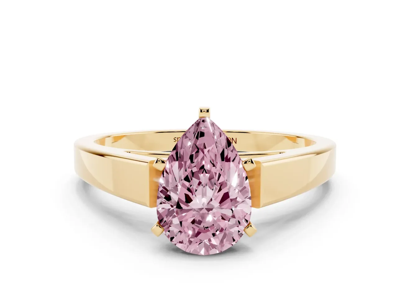 Fancy Pink Pear Cut Diamond Solitaire Engagement Ring Set in Yellow gold with Prong Setting and Tapered Band