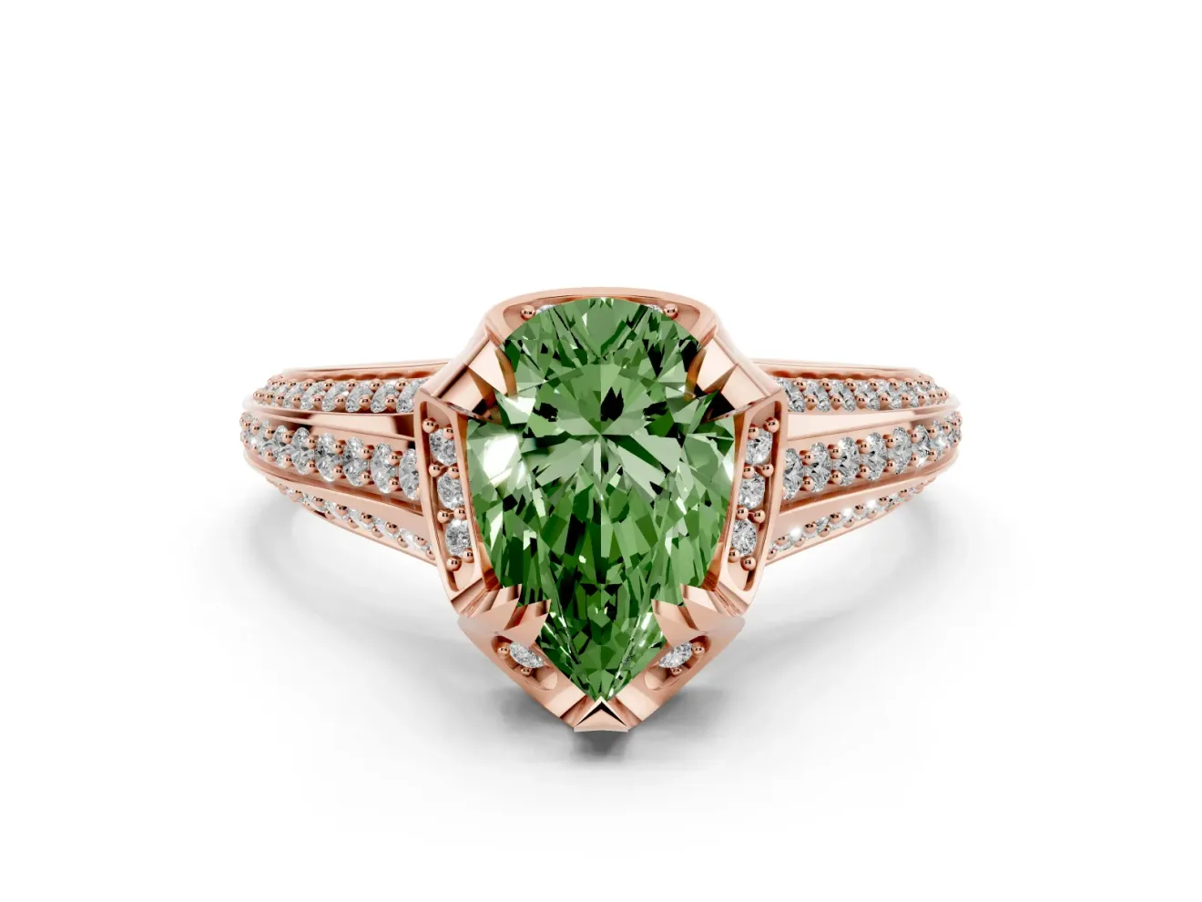 Fancy Green Pear Cut Diamond Pavé Split Shank Solitaire Ring Set in Rose gold with Prong Setting