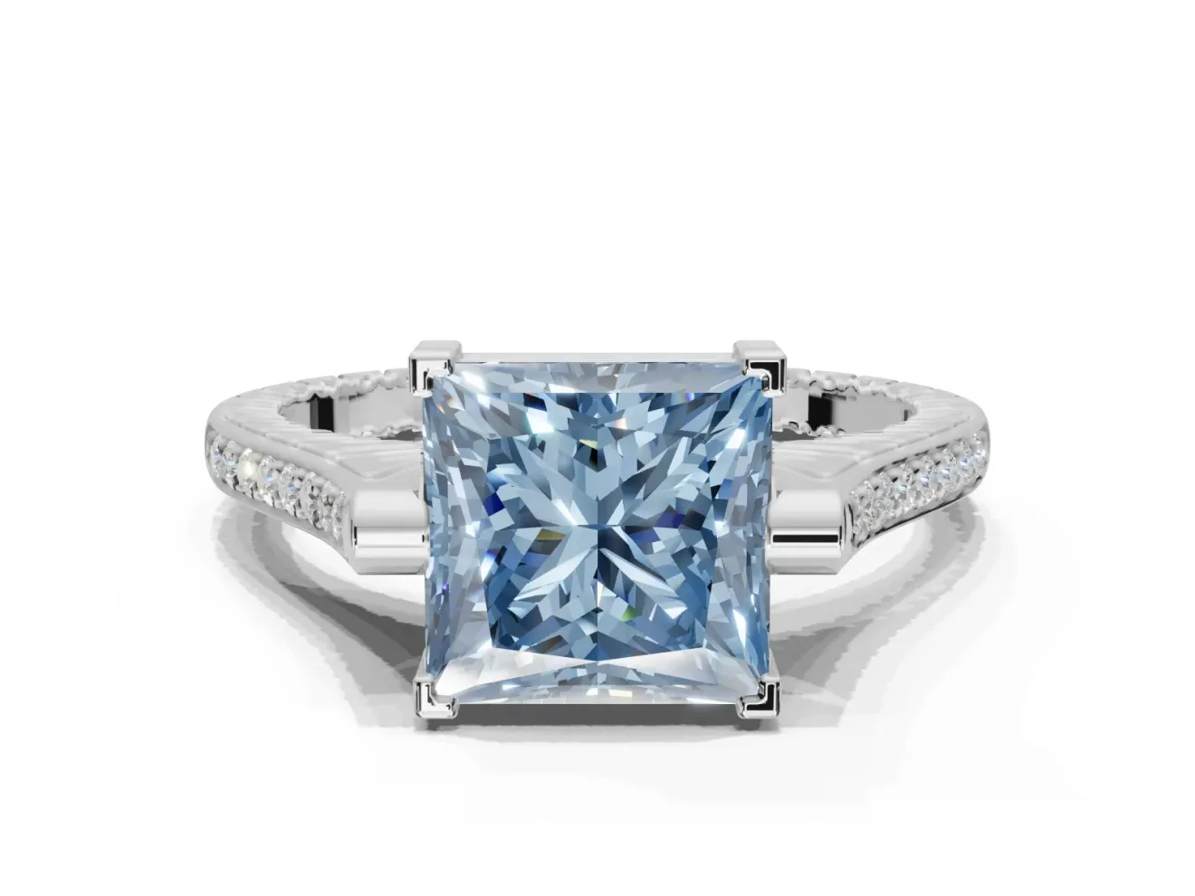Princess Cut Vintage Cathedral Engagement Ring Setting for a Fancy Blue Lab-Grown Diamond | Carved Band | Platinum