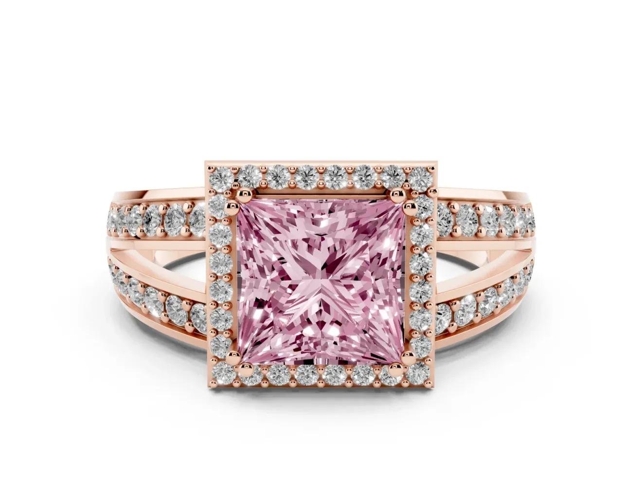 Princess Cut Halo Engagement Ring Setting for a Fancy Pink Lab-Grown Diamond | Two-Row Pave Split Shank | Rose Gold