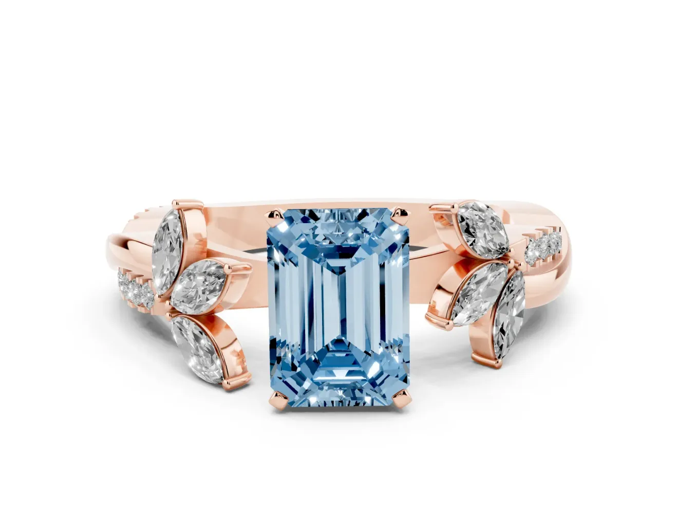 Fancy Blue Emerald Cut Diamond Floral Vine Solitaire Engagement Ring Set in Rose gold with Marquise Leaves