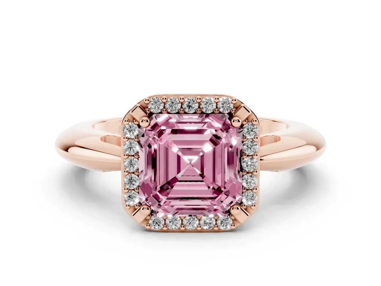 Fancy Pink Asscher Cut Diamond Halo Engagement Ring Set in Rose gold with Plain Split Shank and Prong Setting