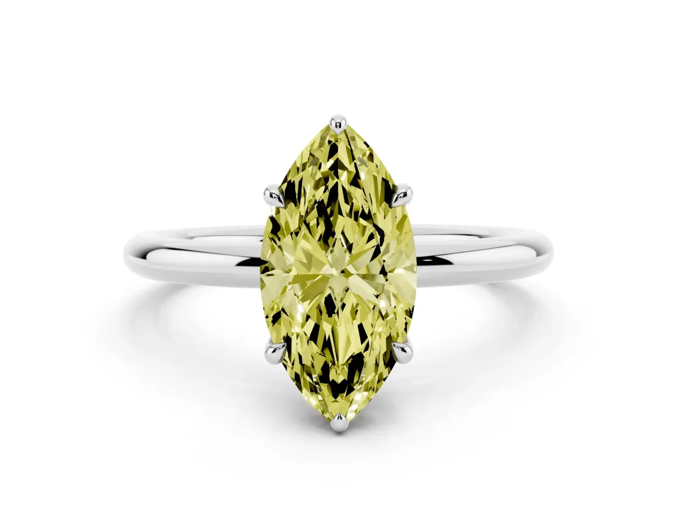 Fancy Yellow Marquise Cut Diamond Solitaire Ring Set in White gold with Thin Band and Prong Setting