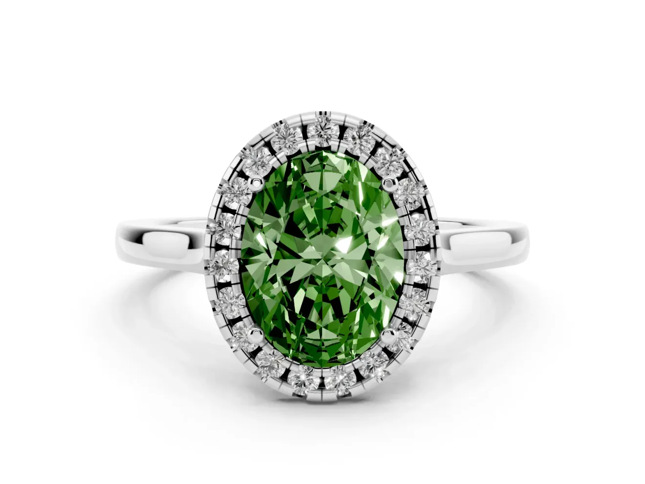 Fancy Green Oval Cut Halo Round Diamond Solitaire Ring Set in White gold with Pavé Band and Prong Setting