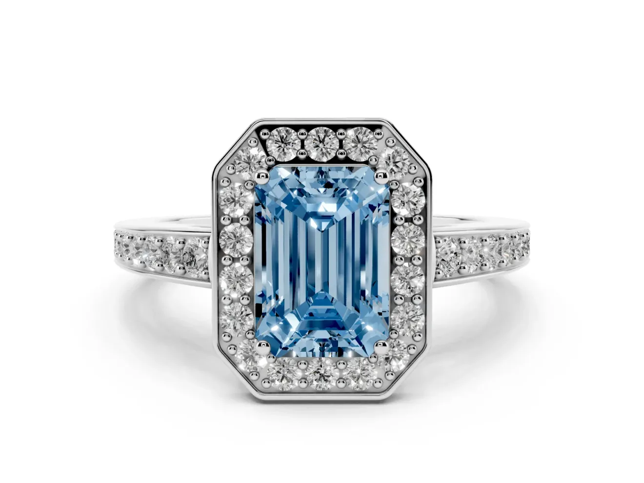 Fancy Blue Emerald Cut Diamond Halo Pavé Engagement Ring Set in White gold with Bezel Setting