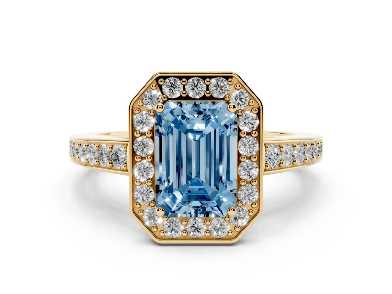 Fancy Blue Emerald Cut Diamond Halo Pavé Engagement Ring Set in Yellow gold with Bezel Setting