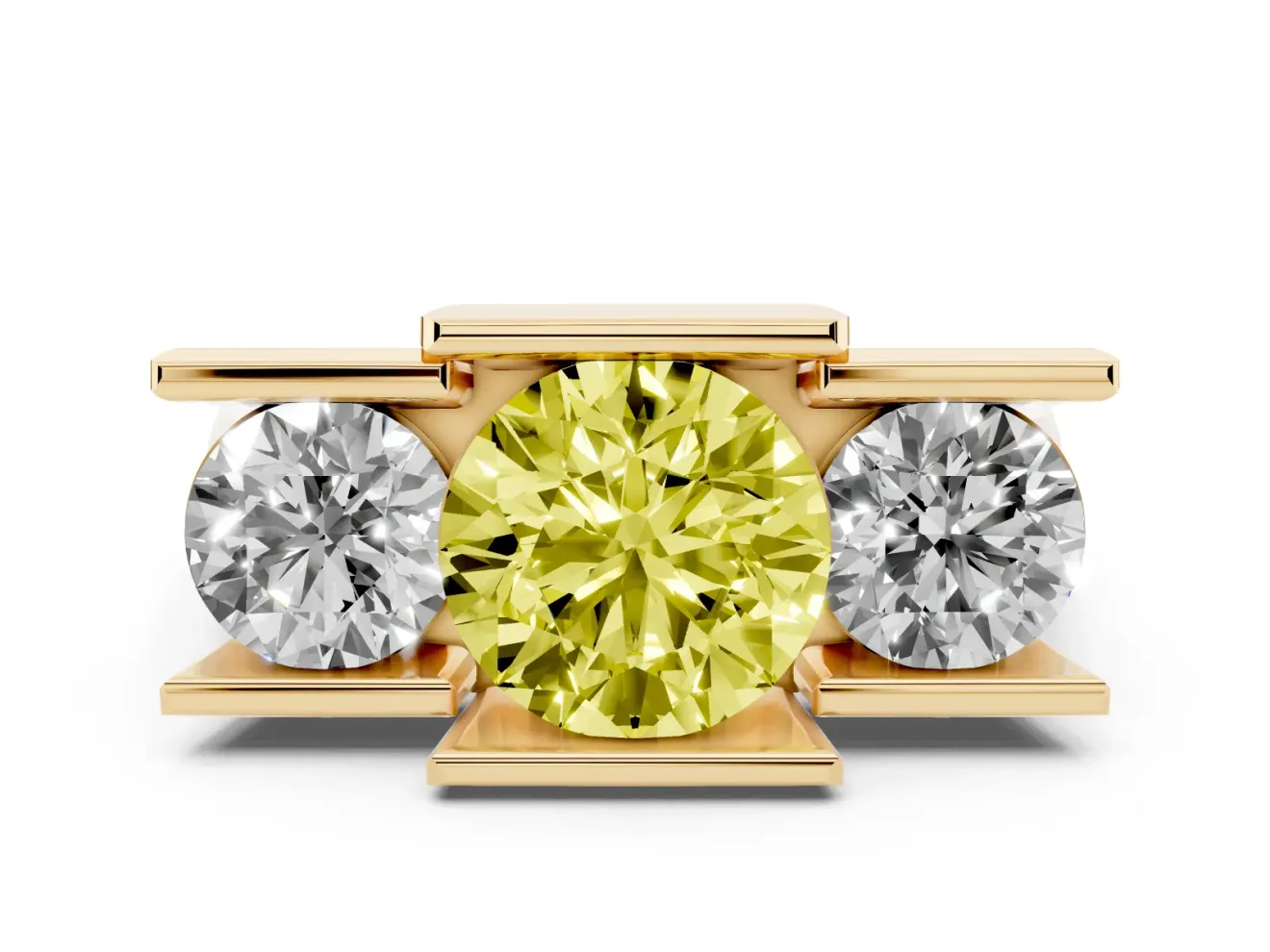 Round Channel-Set Three Stone Engagement Ring Setting for a Fancy Yellow Lab-Grown Diamond | Yellow Gold
