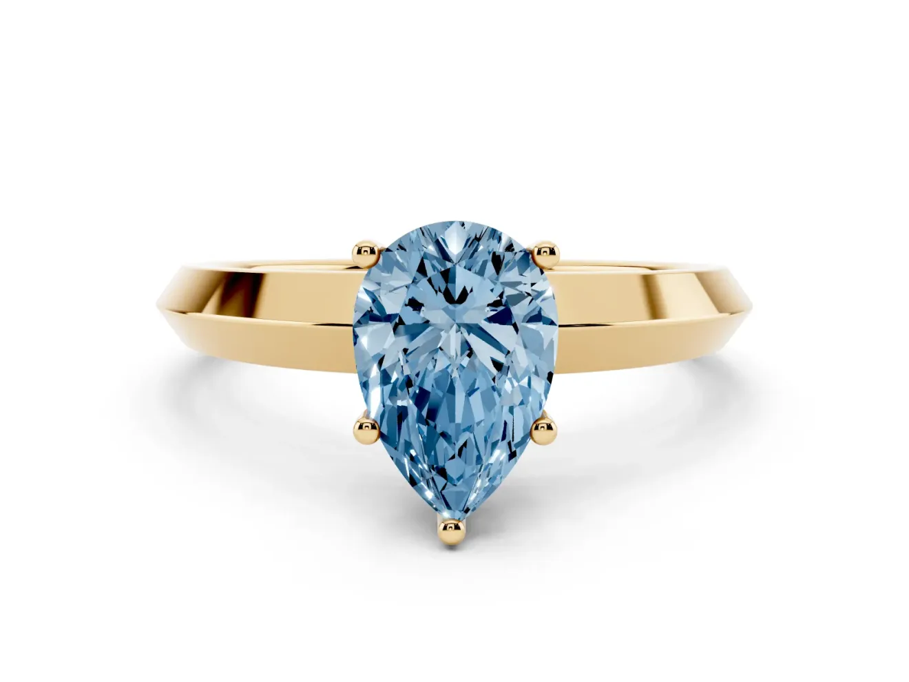 Fancy Blue Pear Cut Diamond Solitaire Engagement Ring Set in Yellow gold with Flat Band and Prong Setting