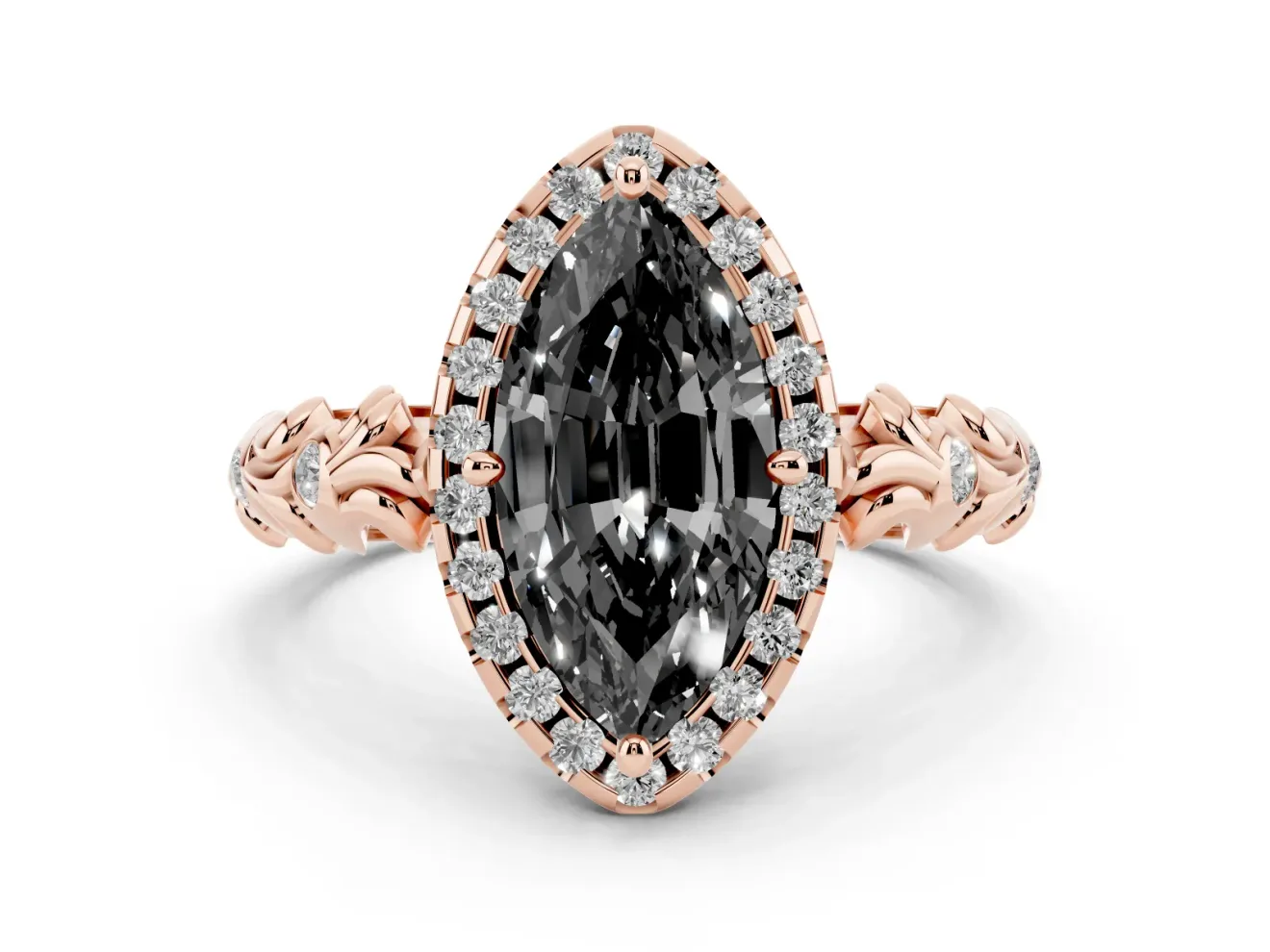 Marquise Leaf Halo Engagement Ring Setting for a Black Center | Bezel Accents | Rose Gold