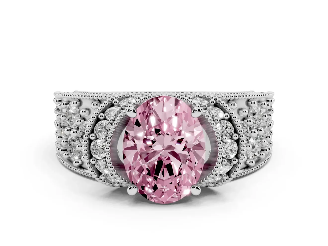 Oval Vintage Milgrain Pave Engagement Ring Setting for a Fancy Pink Lab-Grown Diamond | Crescent Side Rows | White Gold