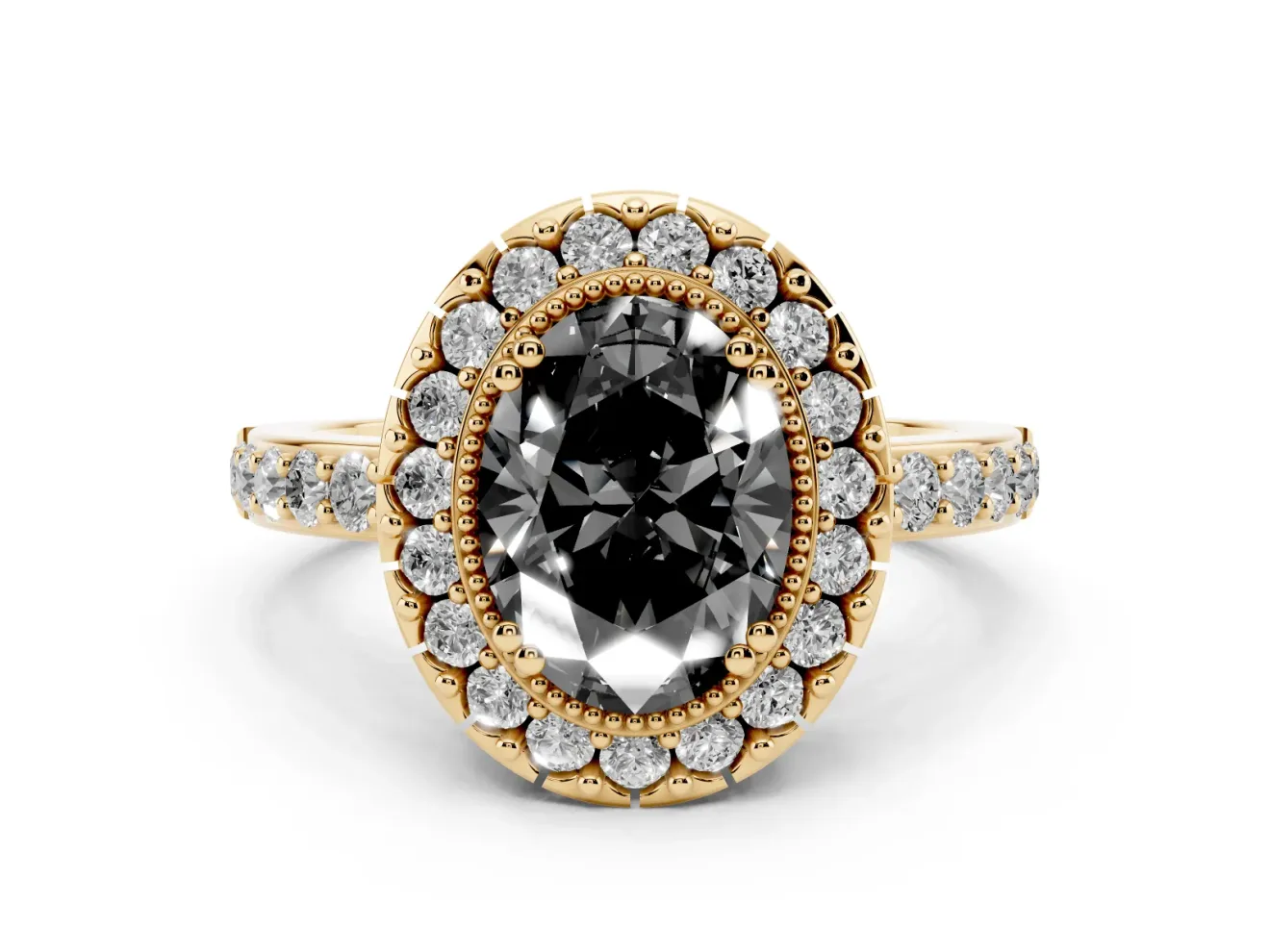 Oval Milgrain Halo Engagement Ring Setting for a Black Center | Pavé Shoulders | Yellow Gold