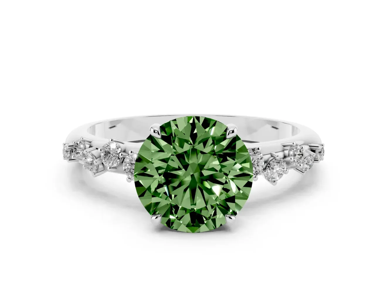 Fancy Green Round Cut Diamond Cluster Solitaire Ring Set in White gold with Prong Setting