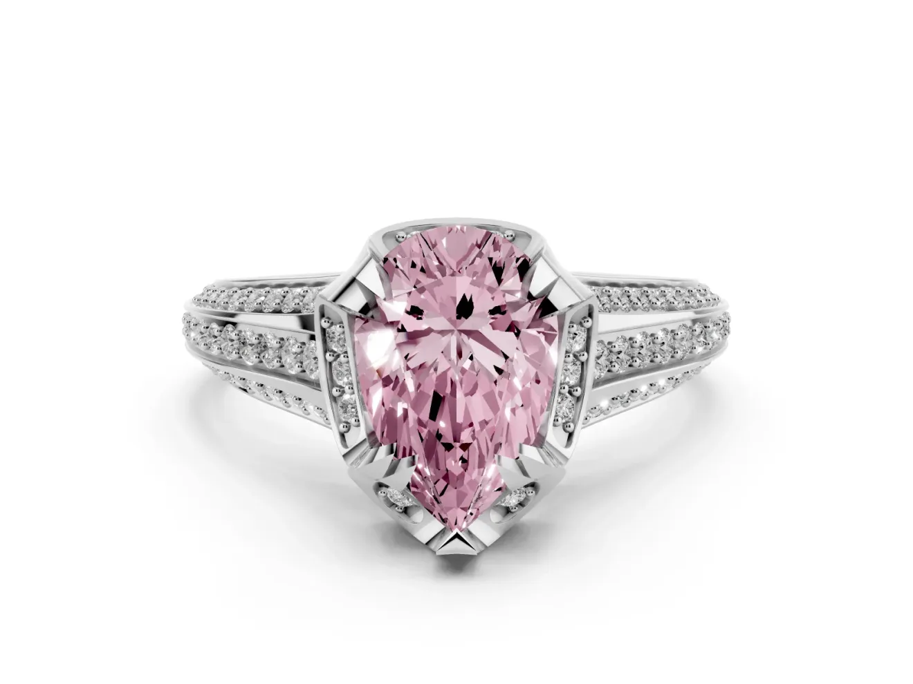 Fancy Pink Pear Cut Diamond Pavé Split Shank Solitaire Ring Set in White gold with Prong Setting