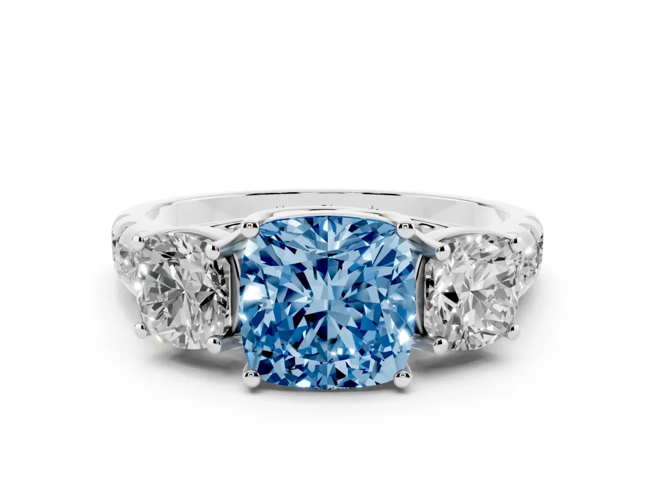 Fancy Blue Cushion Cut Diamond Three-Stone Ring Set in White gold with Pavé Band