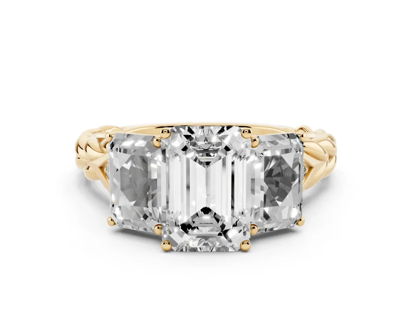 Emerald Cut Three Stone Engagement Ring Setting | Braided Band | Yellow Gold