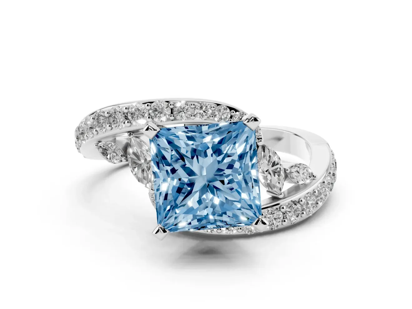 Fancy Blue Princess Cut Diamond Solitaire Ring Set in Platinum with Pavé Twist Band and Secure Prong Setting
