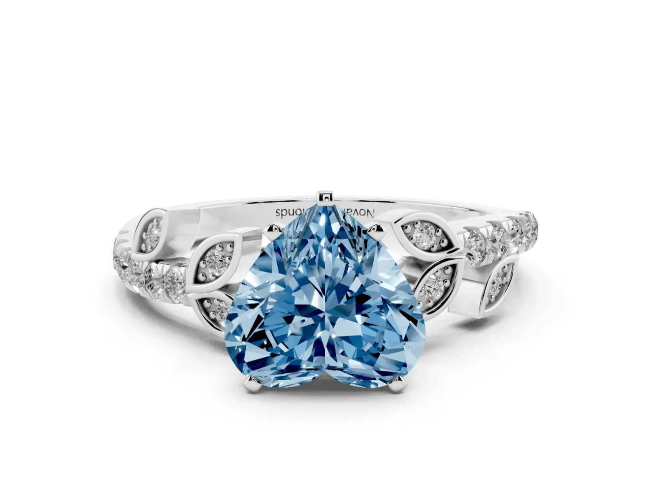 Fancy Blue Heart Cut Diamond Solitaire Leaf-Inspired Ring Set in Platinum with Pavé Band and Prong Setting