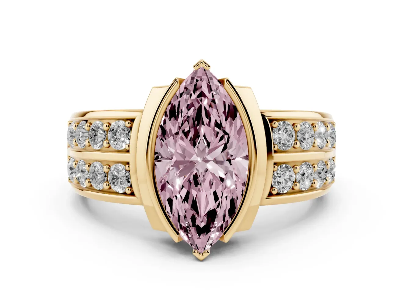 Marquise Half Bezel Engagement Ring Setting for a Fancy Pink Lab-Grown Diamond | Double Row Channel Band | Yellow Gold