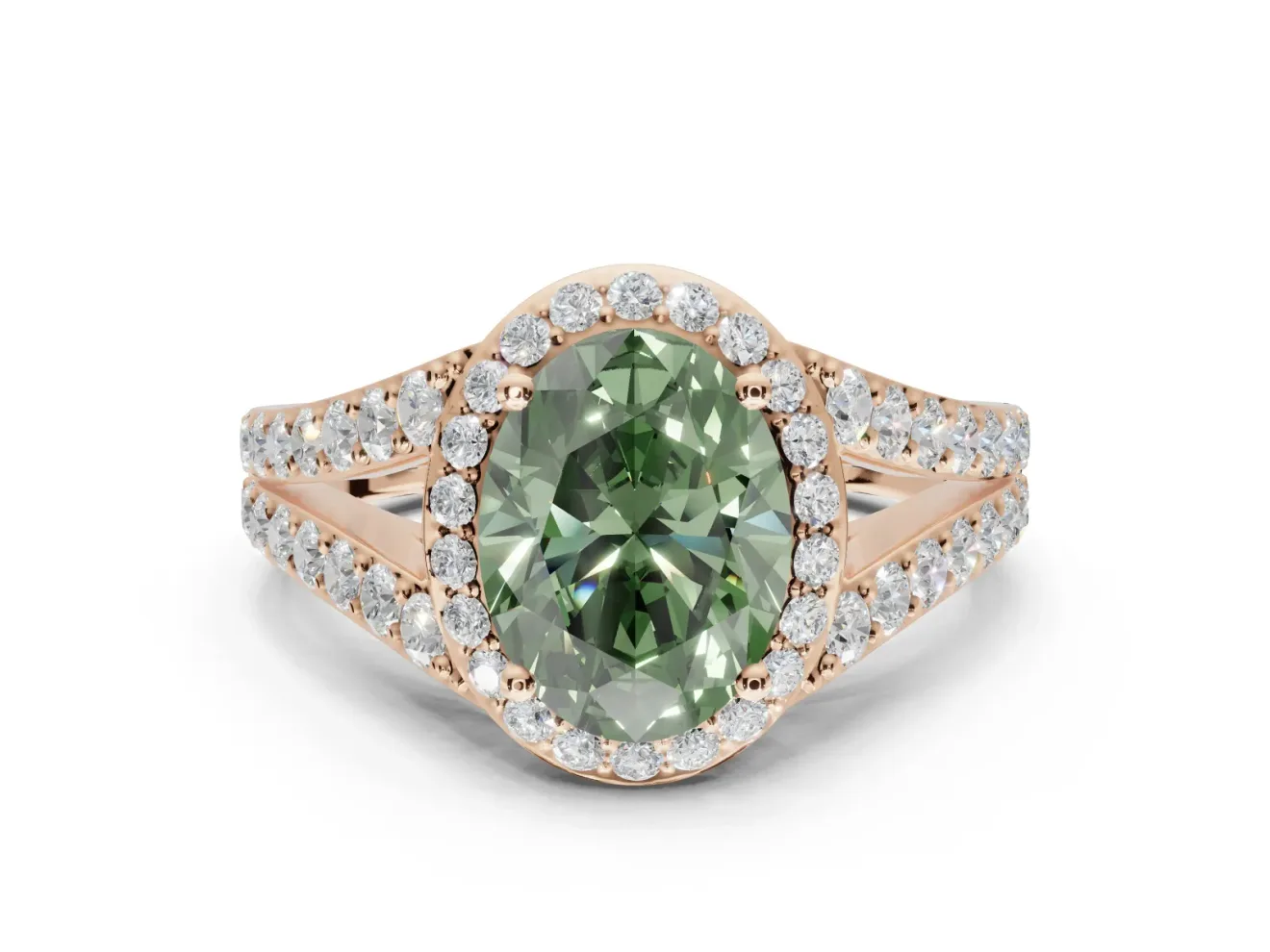 Oval Halo Pavé Engagement Ring Setting for a Fancy Green Lab-Grown Diamond | Narrow Split Shank | Rose Gold