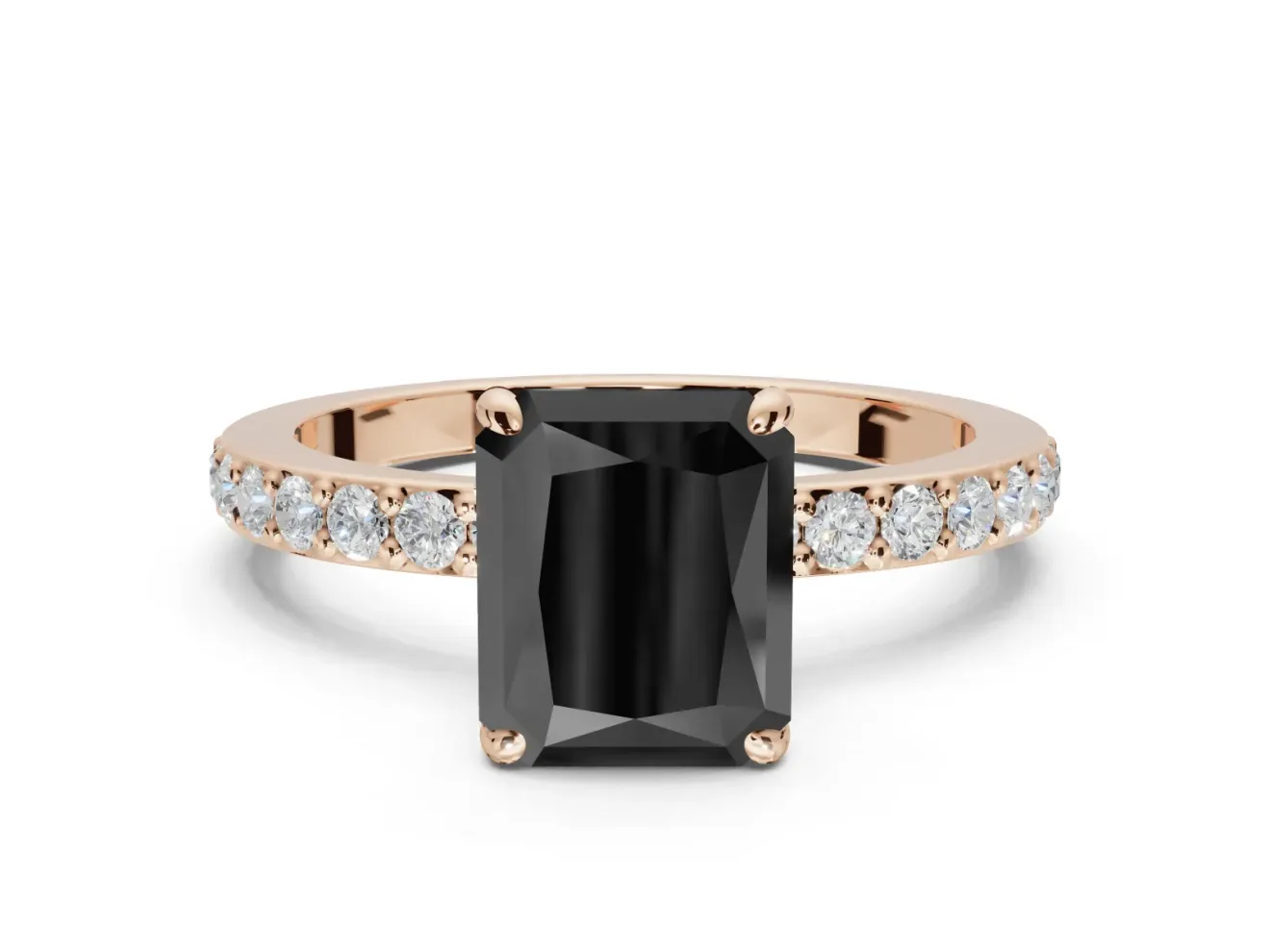 Radiant Cut Hidden Halo Solitaire Engagement Ring Setting for a Black Center | Pavé Band | Rose Gold