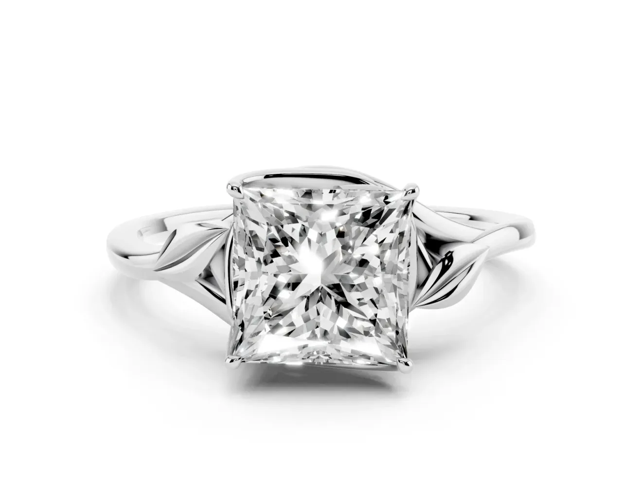 Princess Cut Leaf Bypass Solitaire Engagement Ring Setting | Polished Band | White Gold