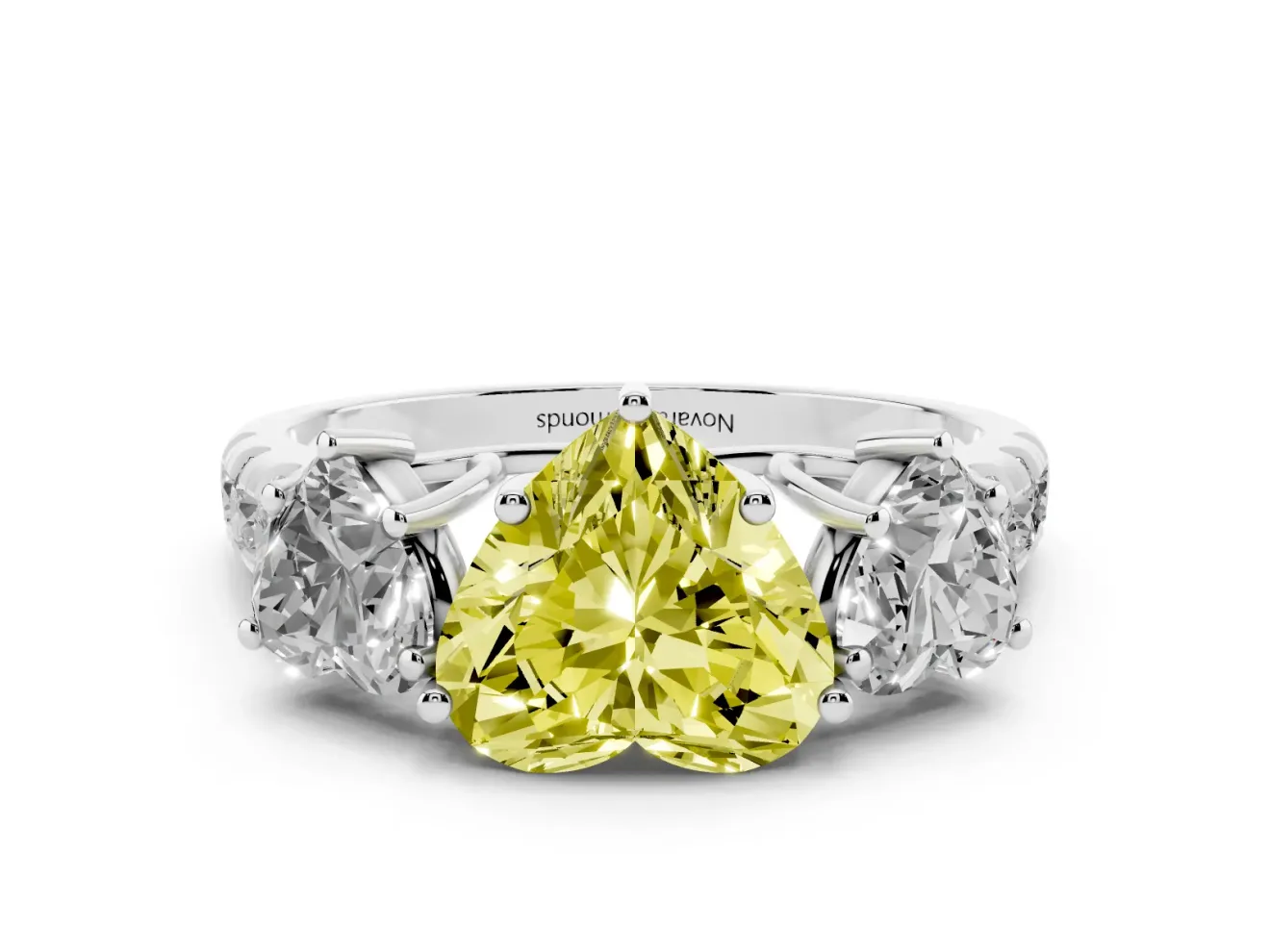 Fancy Yellow Heart Cut Diamond Three-Stone Ring Set in Silver with Pavé Band