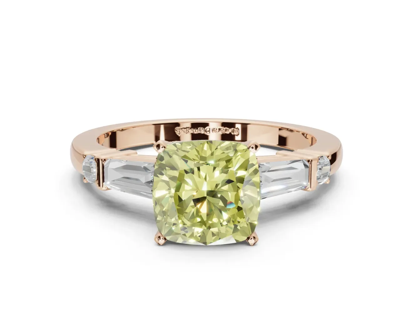 Cushion Cut Tapered Baguette Engagement Ring Setting for a Fancy Yellow Lab-Grown Diamond | Bar Set Sides | Rose Gold