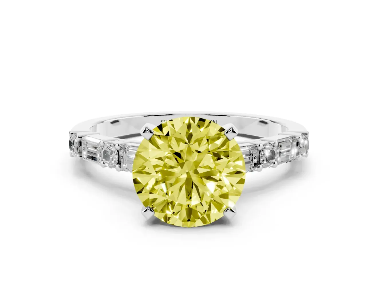 Fancy Yellow Round Cut Diamond Solitaire Set in Silver with Side Baguettes and Channel Set Band