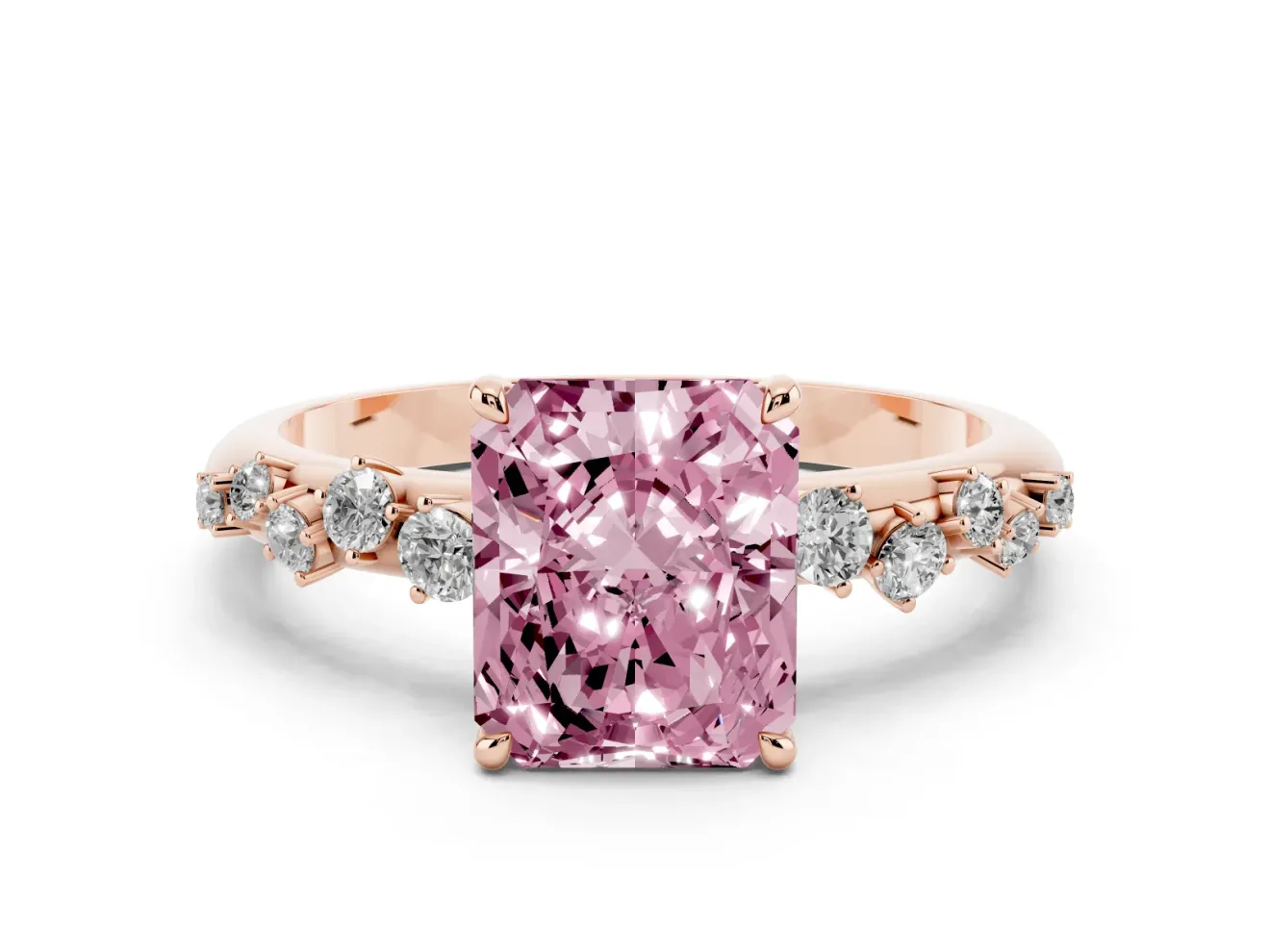 Fancy Pink Radiant Cut Diamond Cluster Solitaire Ring Set in Rose gold with Prong Setting