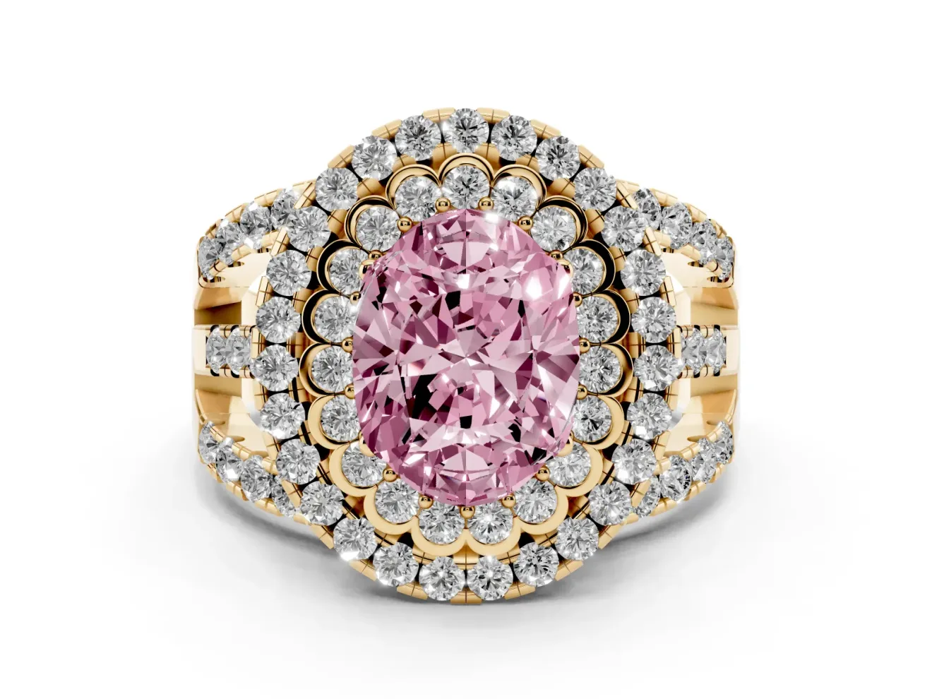 Oval Double Halo Split Shank Engagement Ring Setting for a Fancy Pink Lab-Grown Diamond | Pave Strands | Yellow Gold