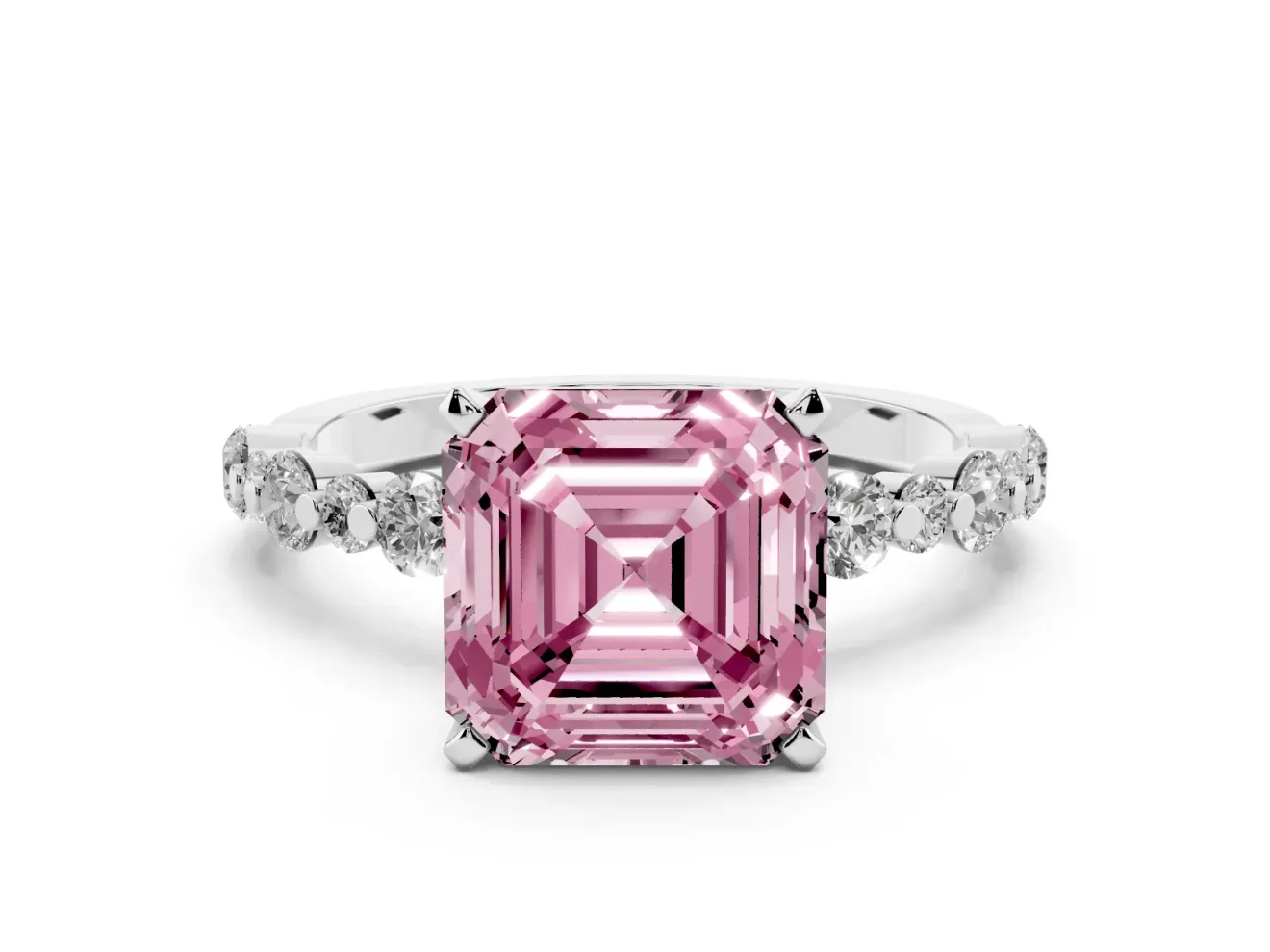 Fancy Pink Asscher Cut Diamond Prong Set Engagement Ring Set in Silver with Round Accent Pavé Band