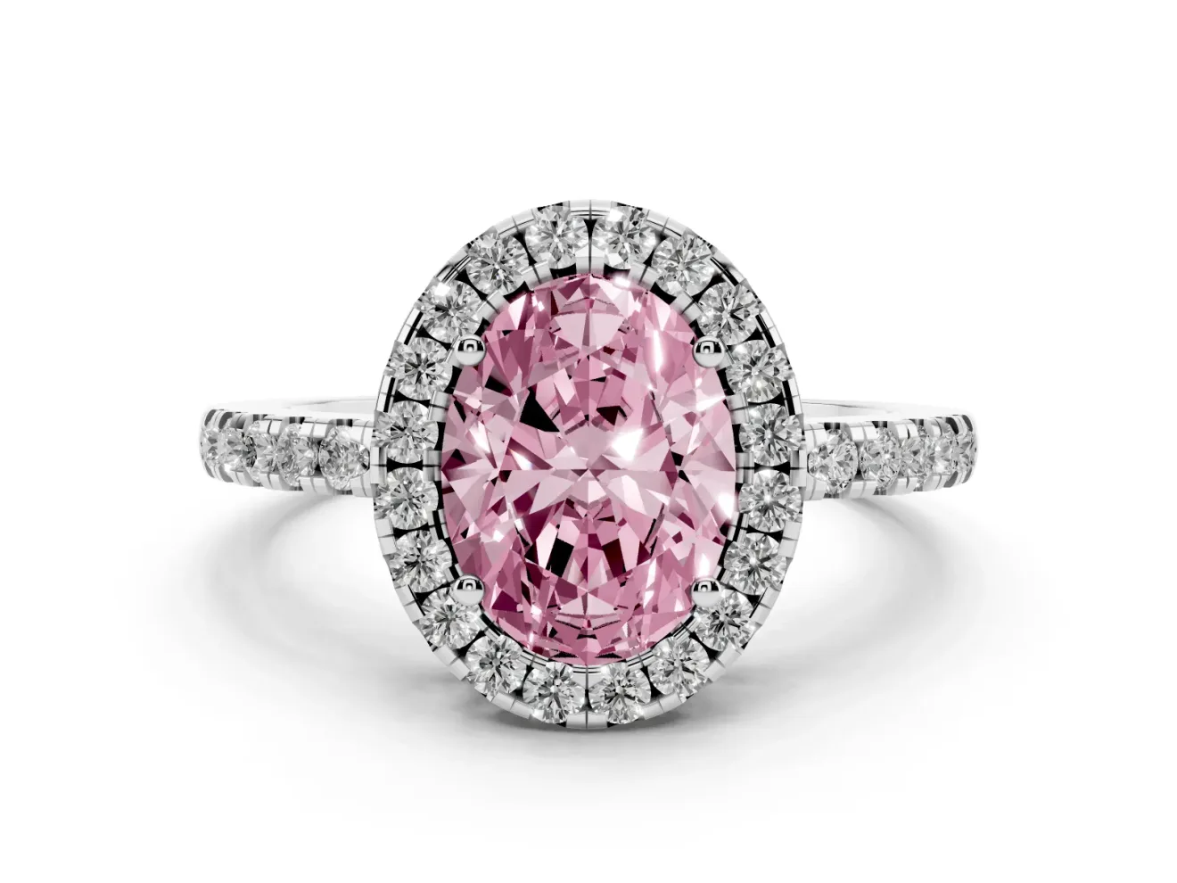 Oval Halo Engagement Ring Setting for a Fancy Pink Lab-Grown Diamond | Pavé Band | White Gold