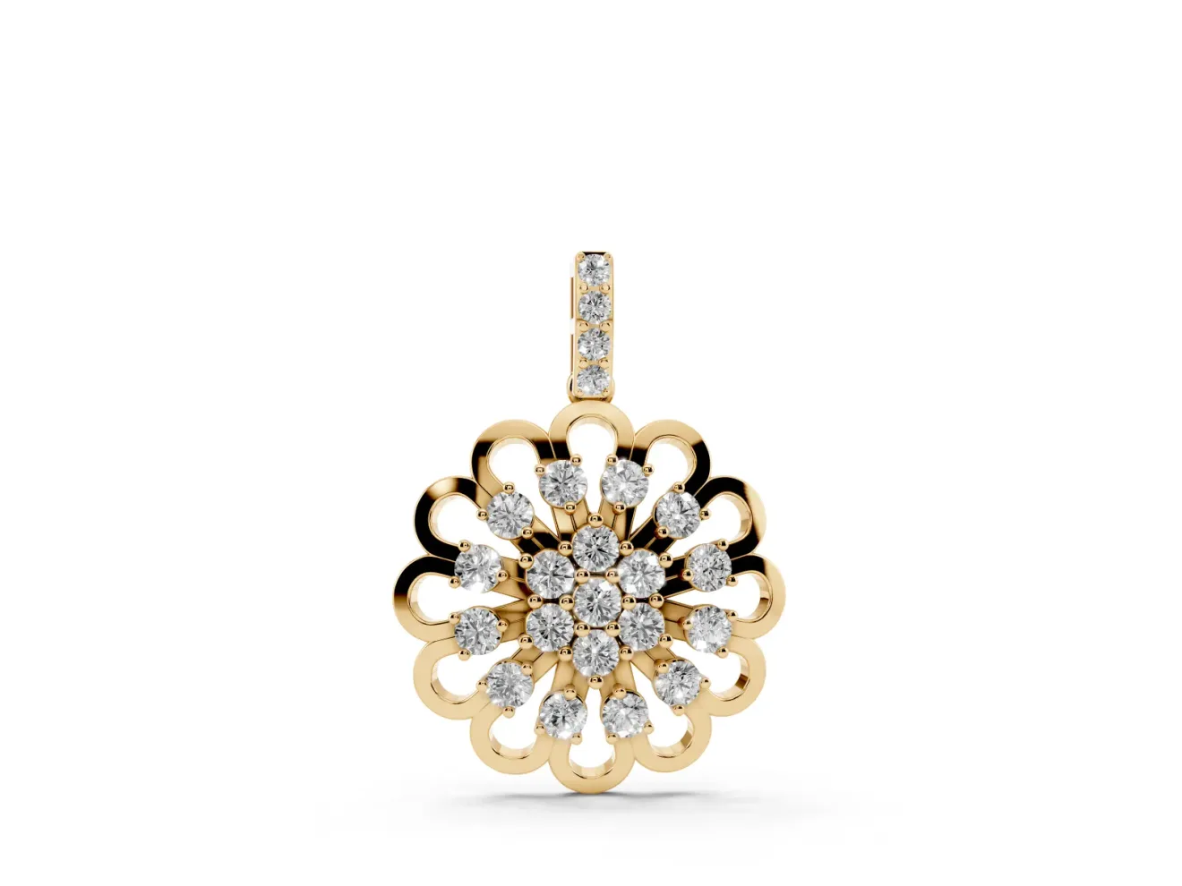 Round Lab-Grown Diamond Floral Cluster Pendant Necklace | Open Petal Frame | Yellow Gold