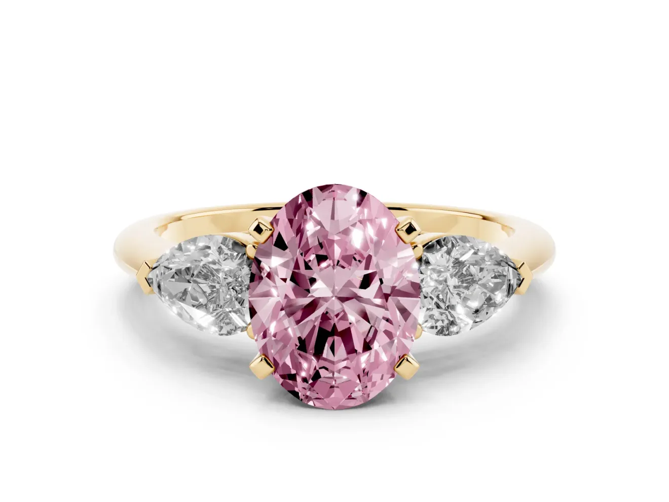 Oval Three-Stone Ring Setting for a Fancy Pink Lab-Grown Diamond | Pear Side Stones | Yellow Gold