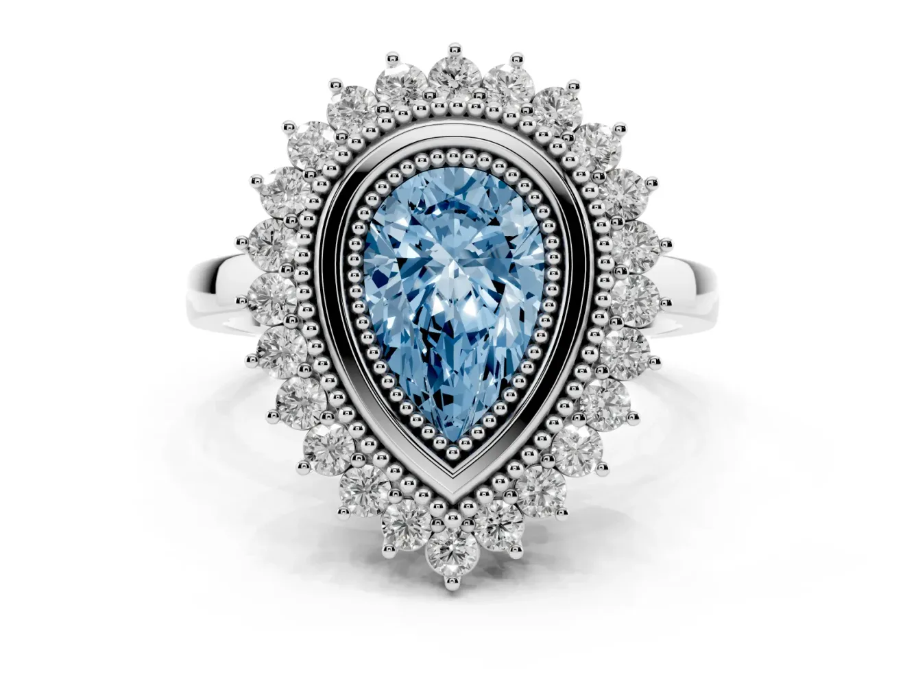 Fancy Blue Pear Cut Diamond Halo Ring Set in Silver with Milgrain Edge and Round Prong Setting