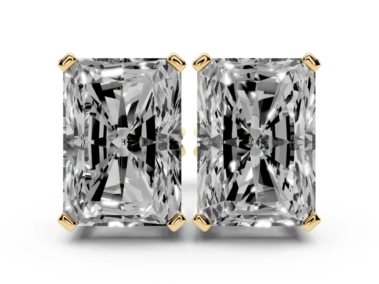 Radiant Cut Diamond Solitaire Stud Earrings Set in Yellow gold with Basket Setting