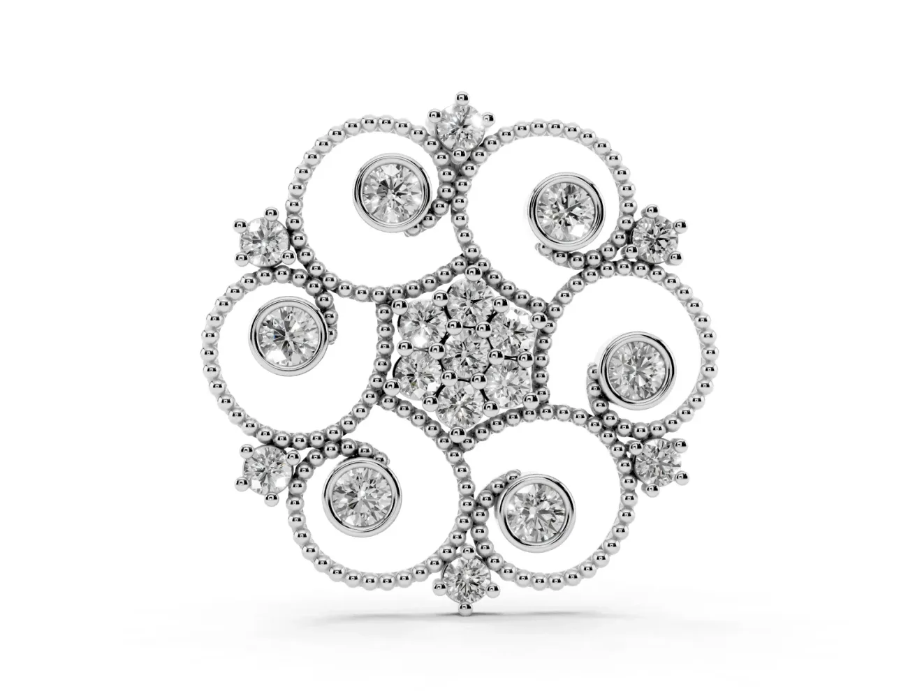 Round Lab-Grown Diamond Milgrain Flower Medallion Pendant Necklace | Bezel Petals | White Gold
