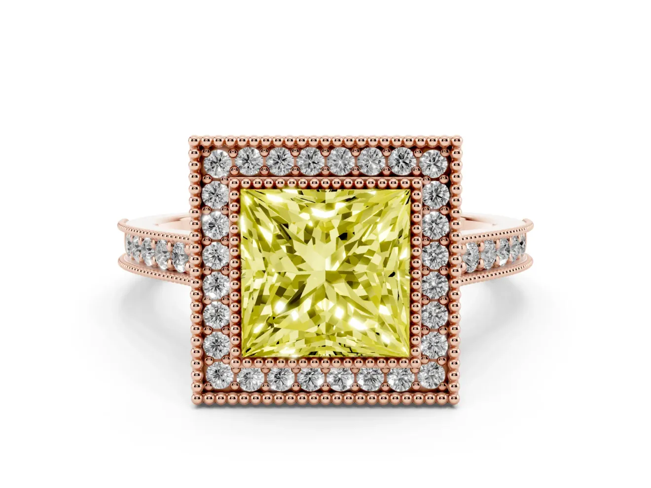 Princess Cut Vintage Milgrain Halo Engagement Ring Setting for a Fancy Yellow Lab-Grown Diamond | Bezel Head | Rose Gold