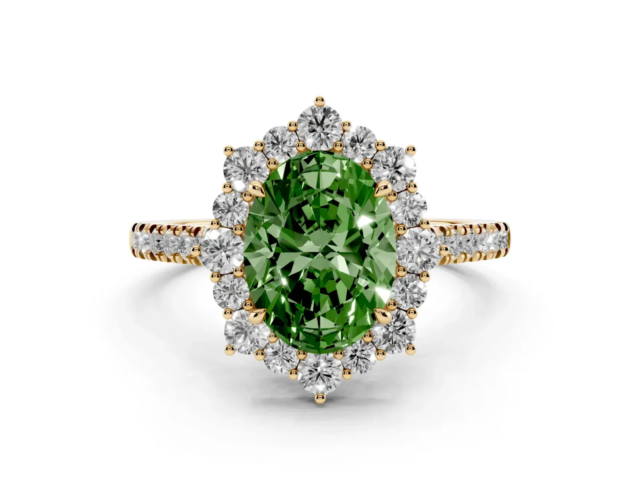 Oval Scalloped Halo Engagement Ring Setting for a Fancy Green Lab-Grown Diamond | Single Row Pave | Yellow Gold