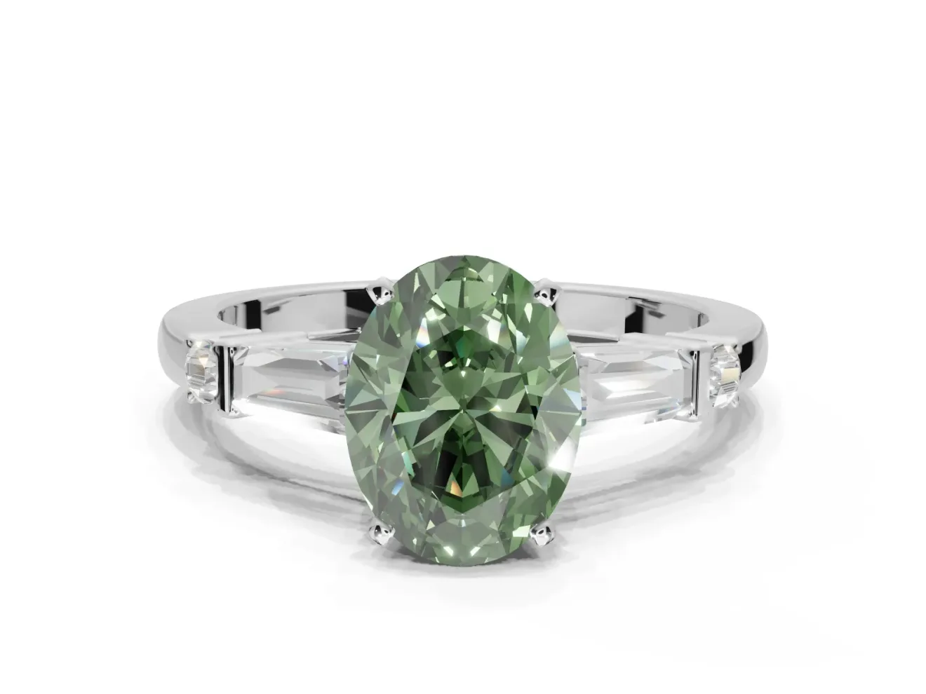 Oval Tapered Baguette Engagement Ring Setting for a Fancy Green Lab-Grown Diamond | White Gold